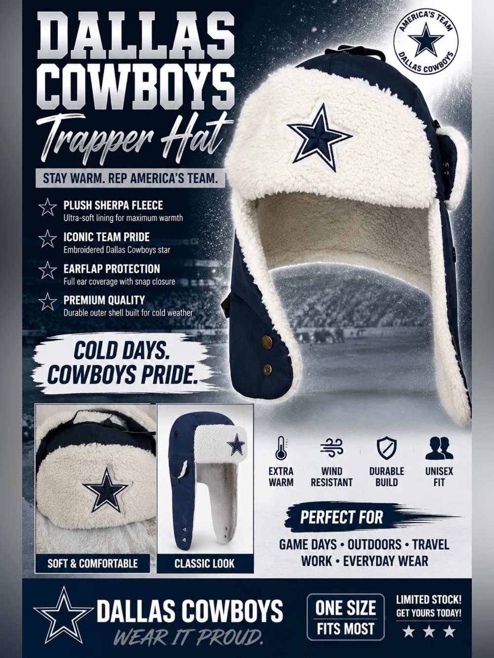 New NFL Dallas Cowboys Trapper Hat - Navy & White Sherpa